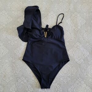 Sporlike Black One Shoulder Ruffle One Piece Swimsuit Gold V Detail Size L